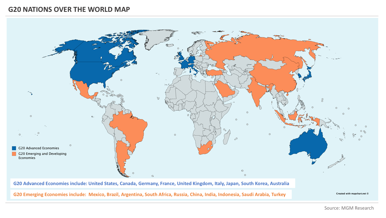G20 countries on the world map